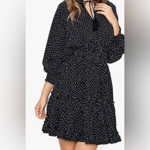 Lovestitch elegant Black and White V-Neck Polka Dot long Sleeve dress
